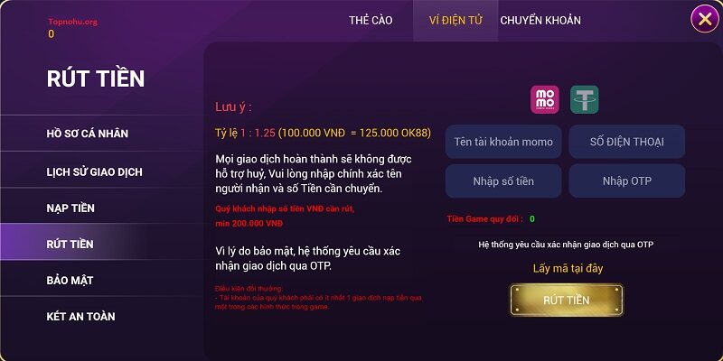 Hướng dẫn thao tác rút tiền nhanh từ cổng game nổ hũ đổi thưởng OK88