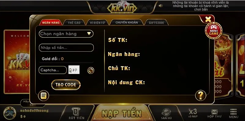 Nạp tiền thông qua hệ thống ngân hàng siêu nhanh chóng và tiện lợi